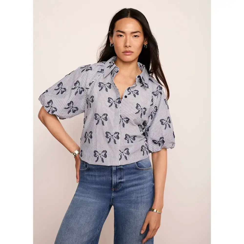 Mint Velvet Blue Cotton Blend Striped Bow Shirt